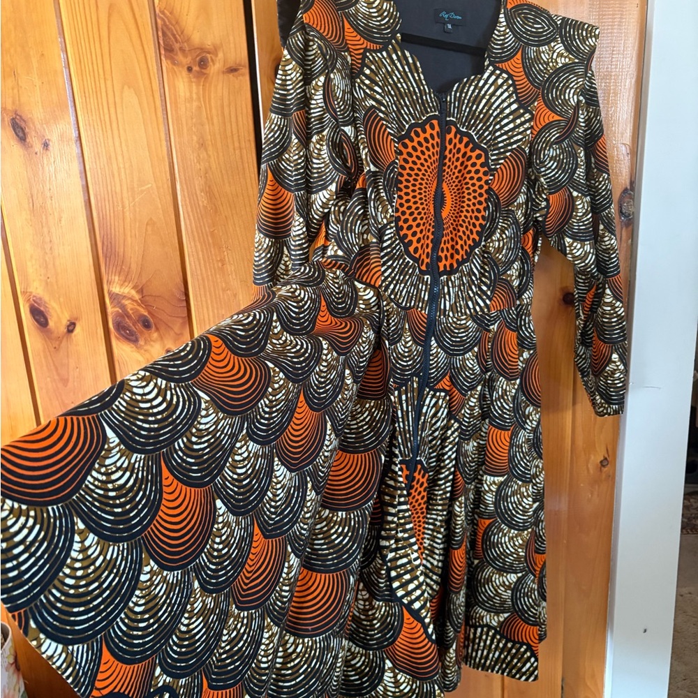 Ray Darten African Print Midi Coat Dress in Orange & Black